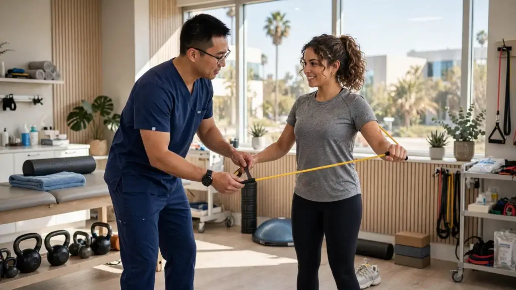 Physical therapist assisting a patient during rehabilitation treatment in a California clinic.